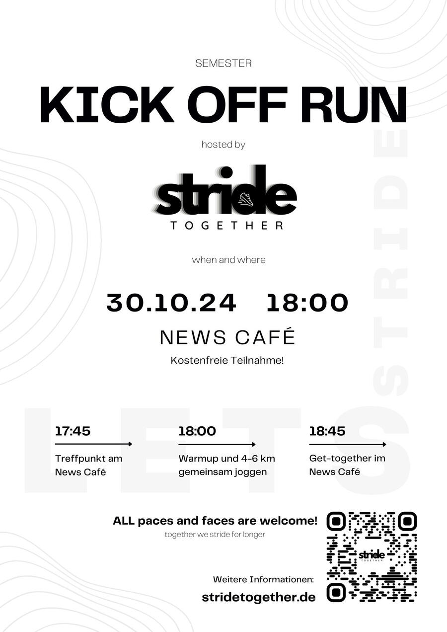 stridetogether kick off run am 30.10. um 18 Uhr in Gießen. Treffpunkt um 17:45 beim NewsCafé. Wir laufen gemeinsam 4-6 km und erkunden die Stadt. Alle sind herzlich willkommen.